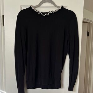 Talbots Black Long Sleeve Turtleneck Sweater Top White Lettuce Trim Neckline